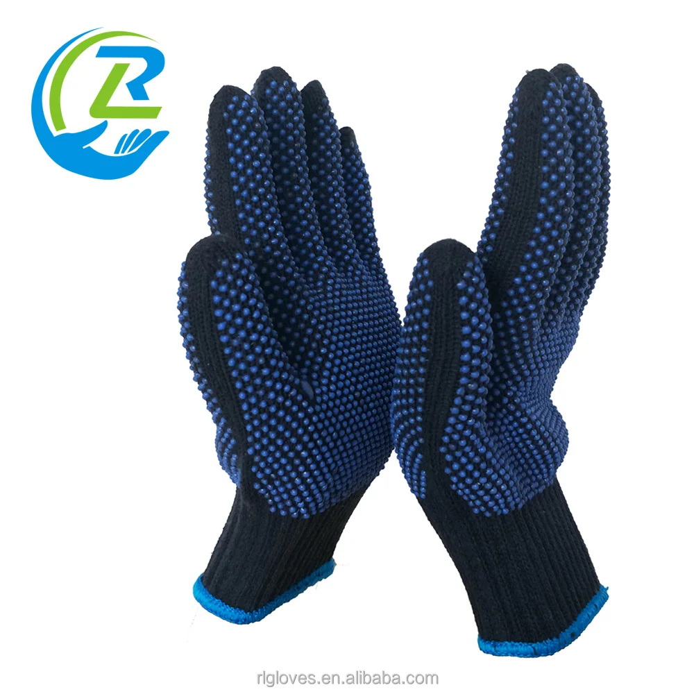 10 gauge cotton Polyester Knitted double side non slip blue PVC dots coated breathable labour safety working hand gloves