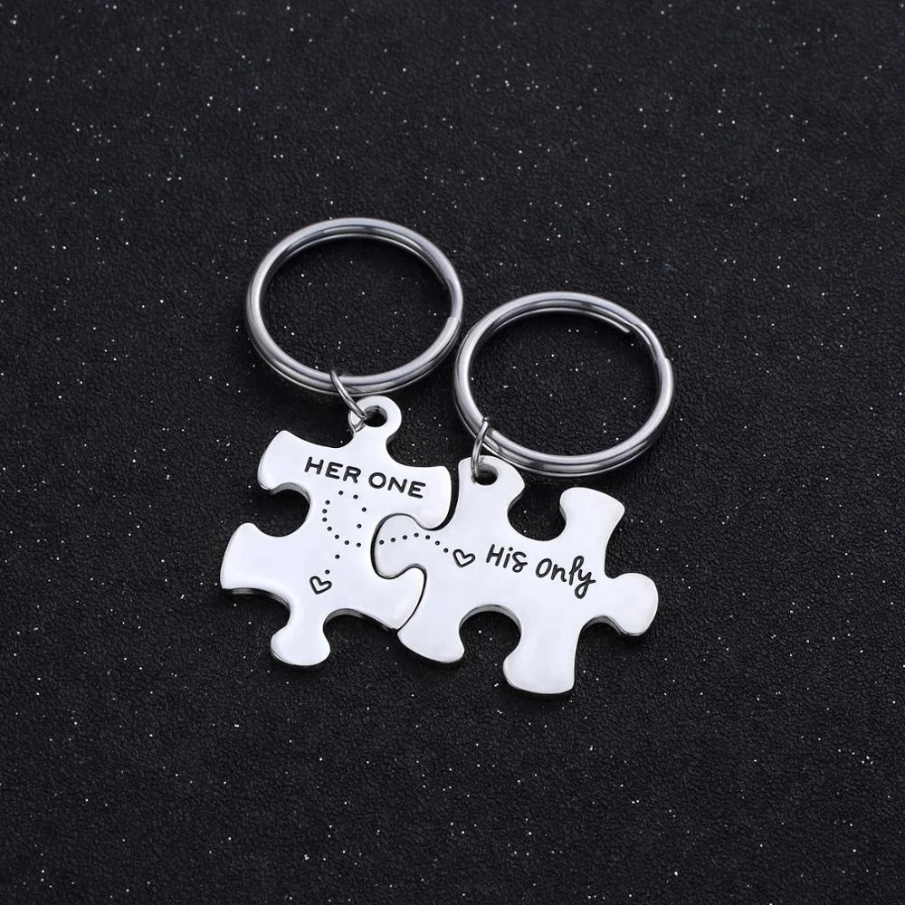 316L Stainless Steel Jewelry Puzzle Piece Keychain HER ONE HIS ONLY Couple Keychain