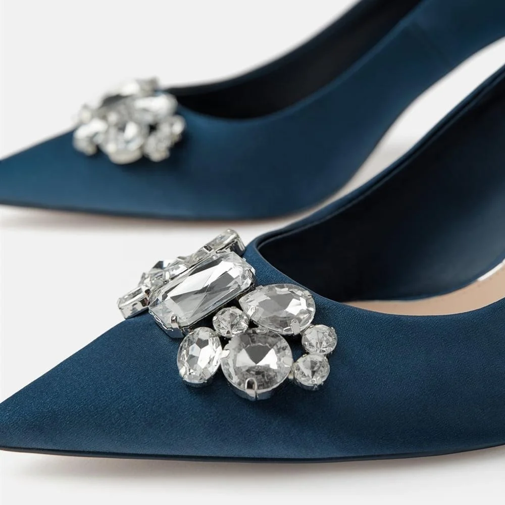 
MANRINO-0243 Real Satin Silk Crystals Ornaments Decor Women Thin Heels Dress Pump Shoes For Women Shoes Closed Toe 2019 