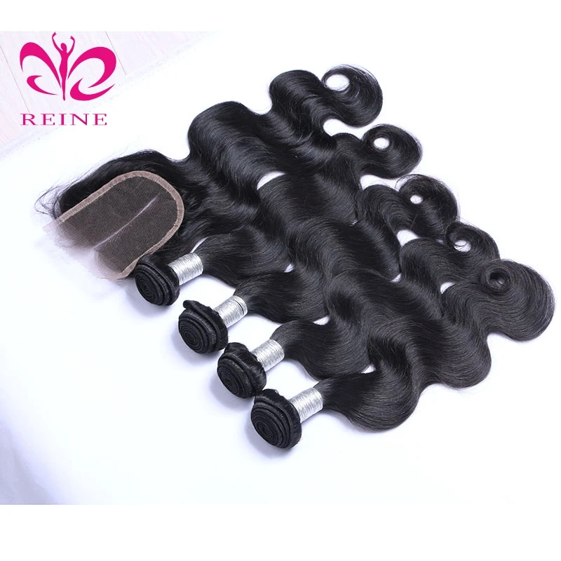 REINE No Mixed No Synthetic Hair 100 Virgin Remy Indian Human Hair Body Wave Bundles With Lace Closure