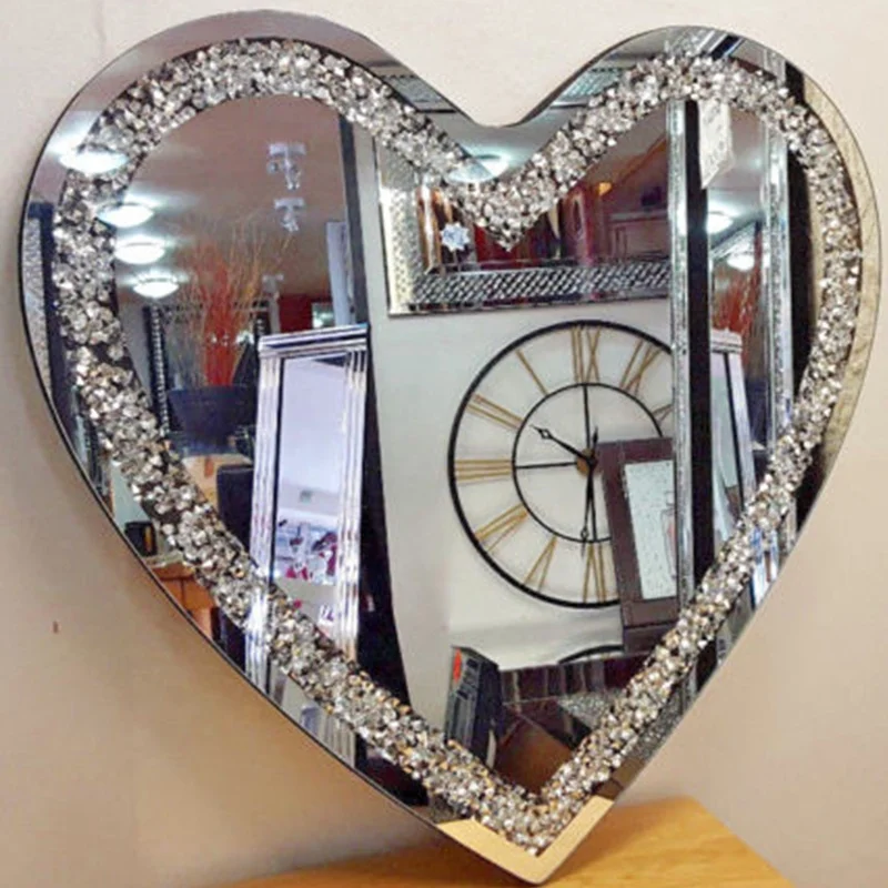 Modern art decor heart shape acrylic crystal glass bevelled wall mirror