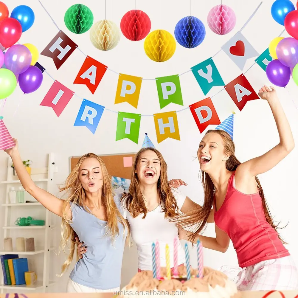 UMISS Set Of 43 Colorful Party Decorations, 1st 2nd 3rd Happy Birthday Banner, Tissue Paper Honeycomb Balls, Latex Balloons