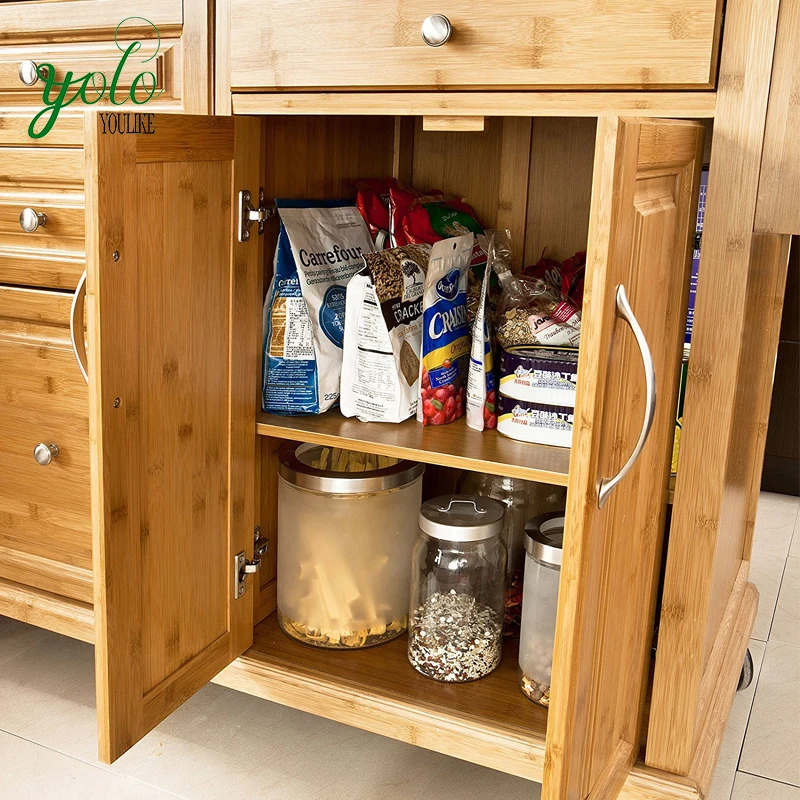 
Storage Serving Cabinet Bamboo Kitchen Trolley with Stainless Steel Worktop 