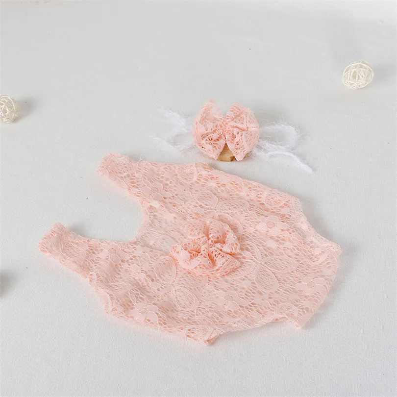 PWPROPS White Newborn Lace Outfit Photo Prop soft Baby Girl Romper Headband Set