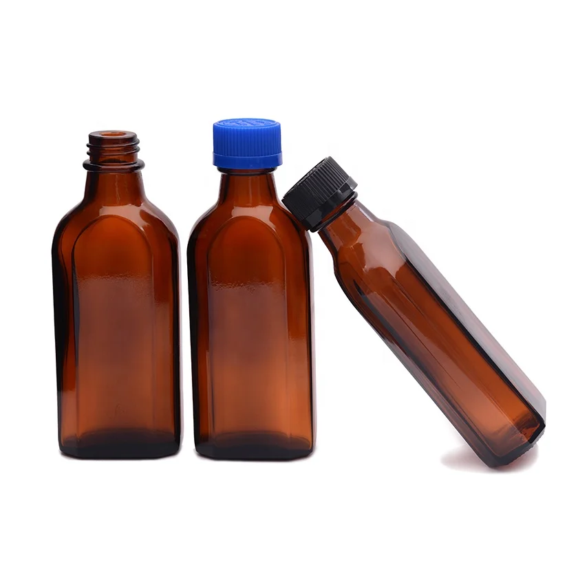 100ml amber flat square glass bottle with boston plastic childproof screw cap