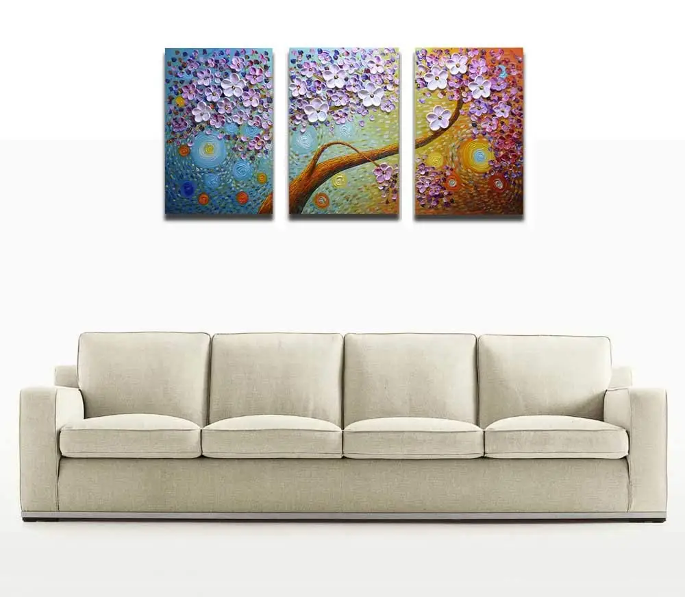 3D-печать-3 Панели Ручная роспись масляная живопись набор Цветочное дерево холст живопись искусство печать роспись художественное украшение