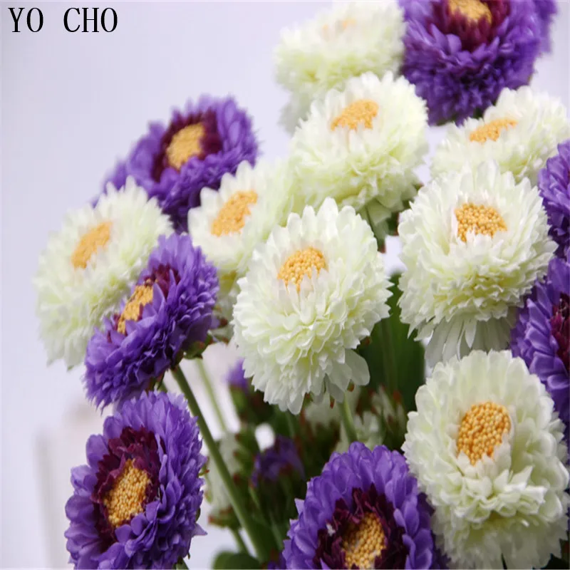 
YO CHO Party Home decoration mini silk artificial flower green leaves Long stem decorative chrysanthemum silk artificial flowers 