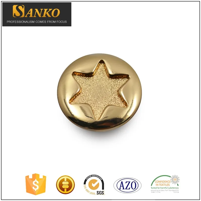 Fahsion style star logo shining gold metal shank buttons for clothes