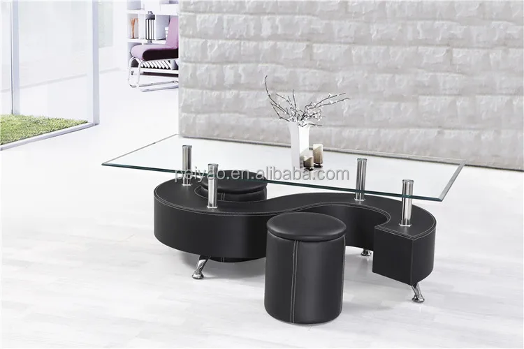 Wholesale black leather s shape glass coffee table with 2 stools