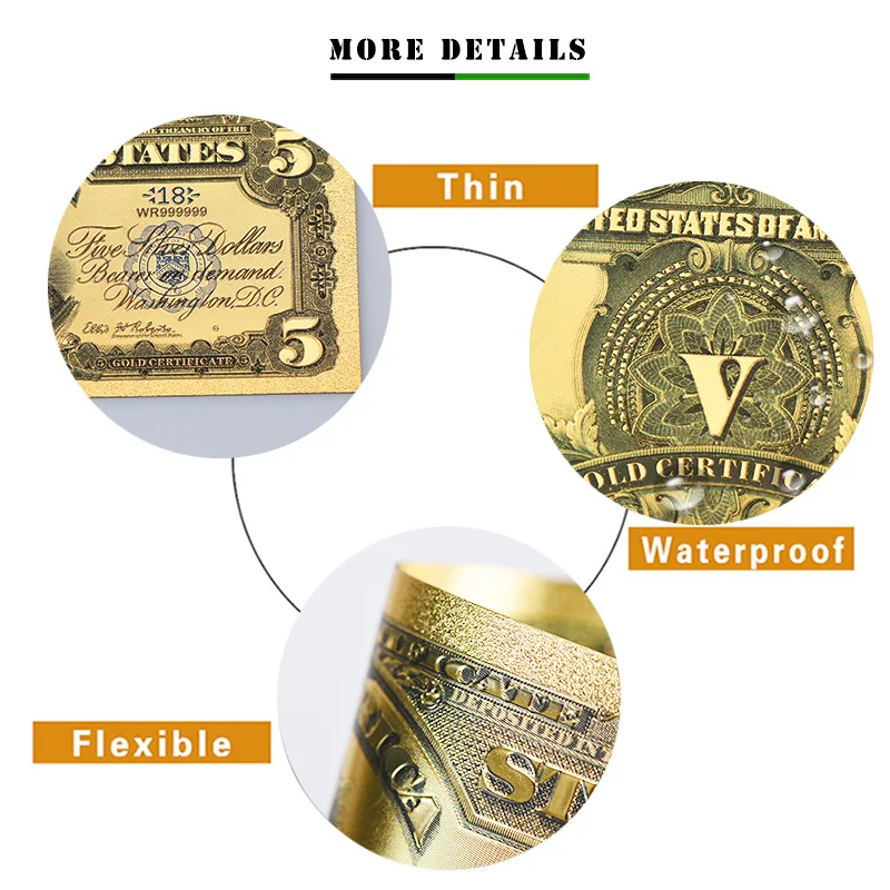 American Five Dollars Banknote 24k Gold Plated Forgery Paper Money Colorful Banknote