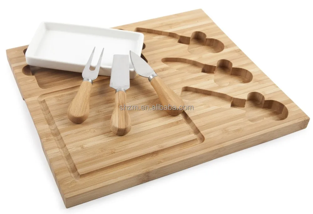 Eco-friendly Bamboo Cheese Board Set with Ceramic Dish and 3 Cheese Tools