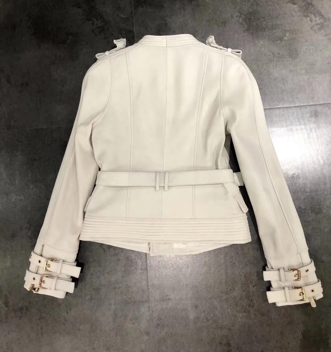 Fashion Long Sleeve V Collar Zip Up Coat Slim Fit Women Moto Jackets 2021 Short Lamb Nappa Pure Leather Jacket Motorcycle Jacket