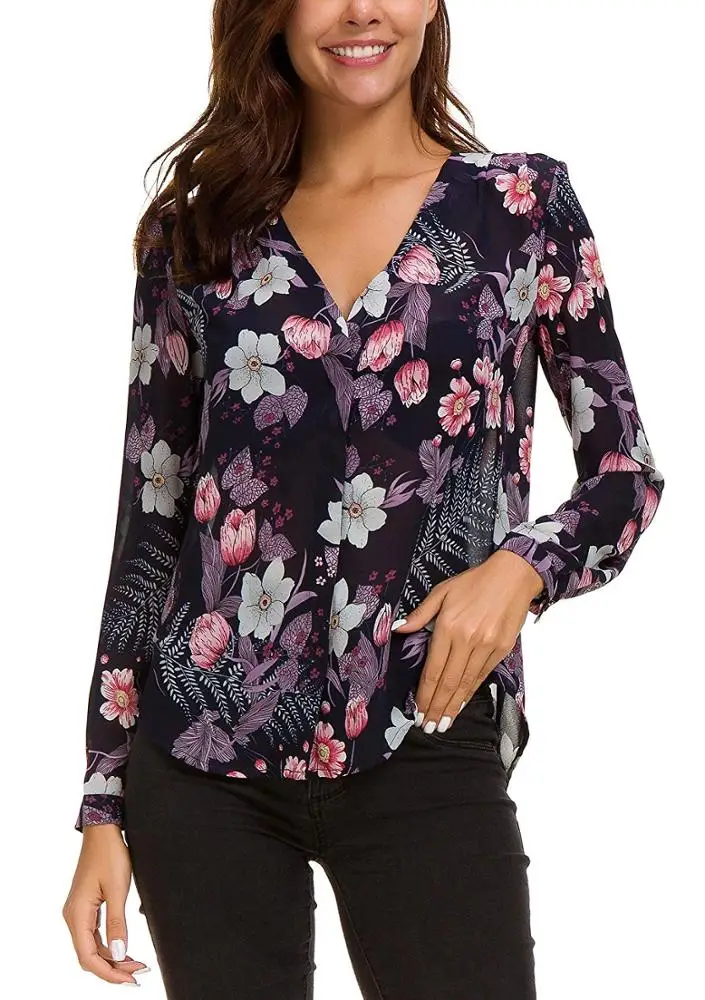Hot Sale Fashion OEM Blouse Floral Printing Top Neckline Women Lady