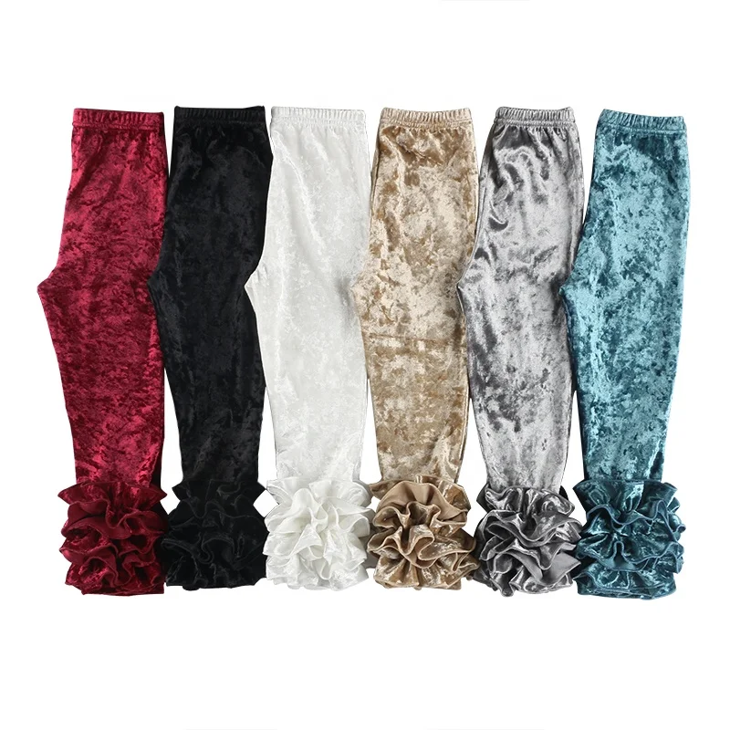 Boutique Children Clothes Girls Solid Color Cotton Triple Icing Ruffle Pant Icing Baby Leggings OEM Service Knitted YARN DYED