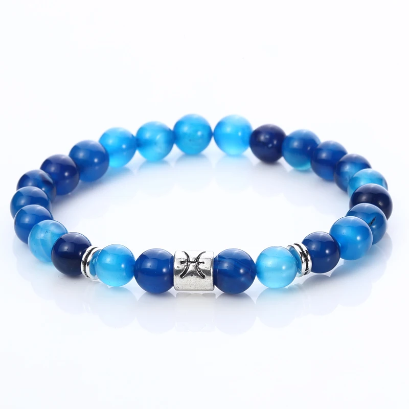 Beautiful Blue Agate Stone Pisces Sign Elastic Beaded Zodiac Bracelet