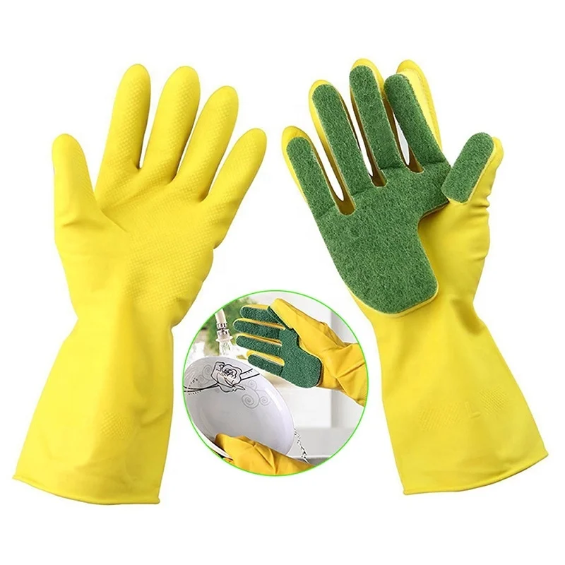 Creative Waterproof Household Rubber Scrub Cleaning Glove Kitchen Dish Washing Gloves Fingers With Scouring Pad Sponge