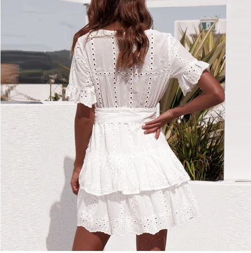 Sexy Short Sleeve V Neck Hollow Out Mini Dress With Sash For Ladies