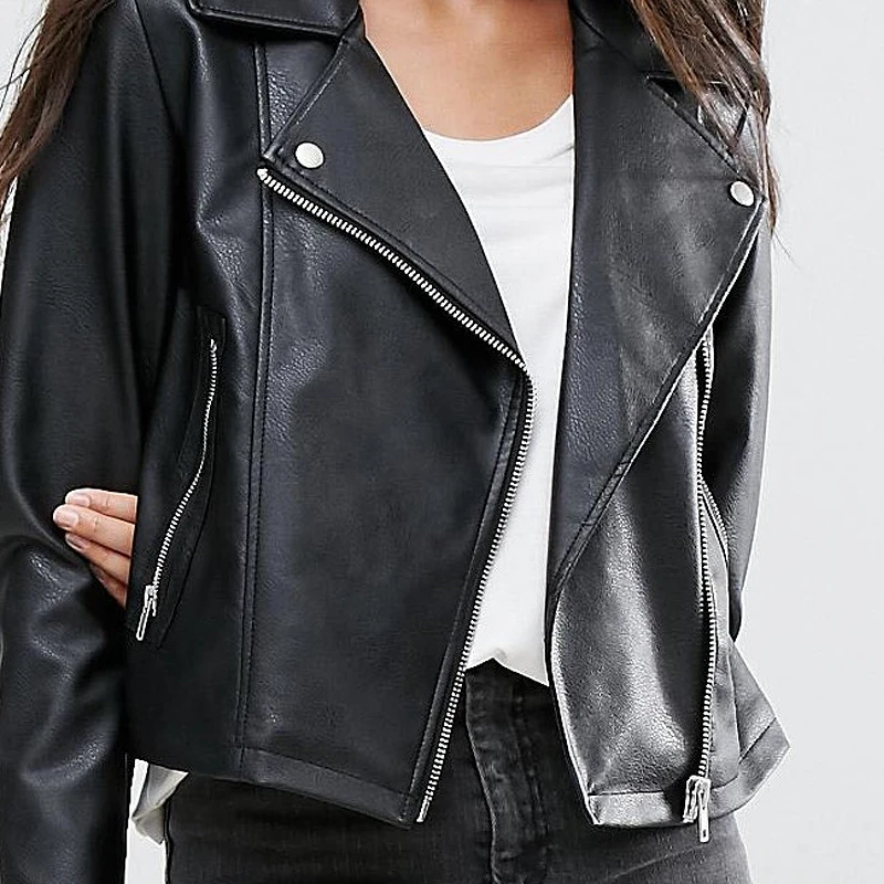 Wholesale New winter custom black Spread collar jacket fashion faux leather biker jacket for women