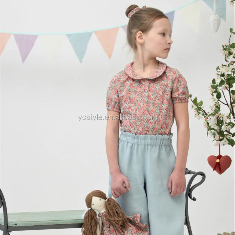 Toddler girls linen peter pan collar top for summer, high quality girls white blouse with puff sleeves top for special occasion