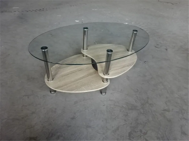 New design stylish high gloss stainless steel legs oval tempered glass coffee table