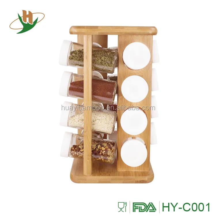 Free refills storage home kitchen bamboo rotatable spice rack with 16 glass spice jars