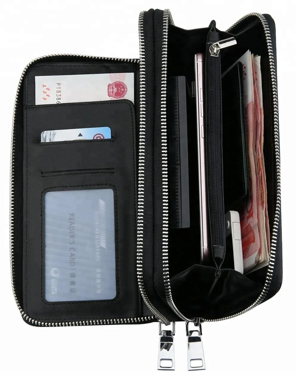 carbon leather credit card holder organizer money purse zip long Wallets