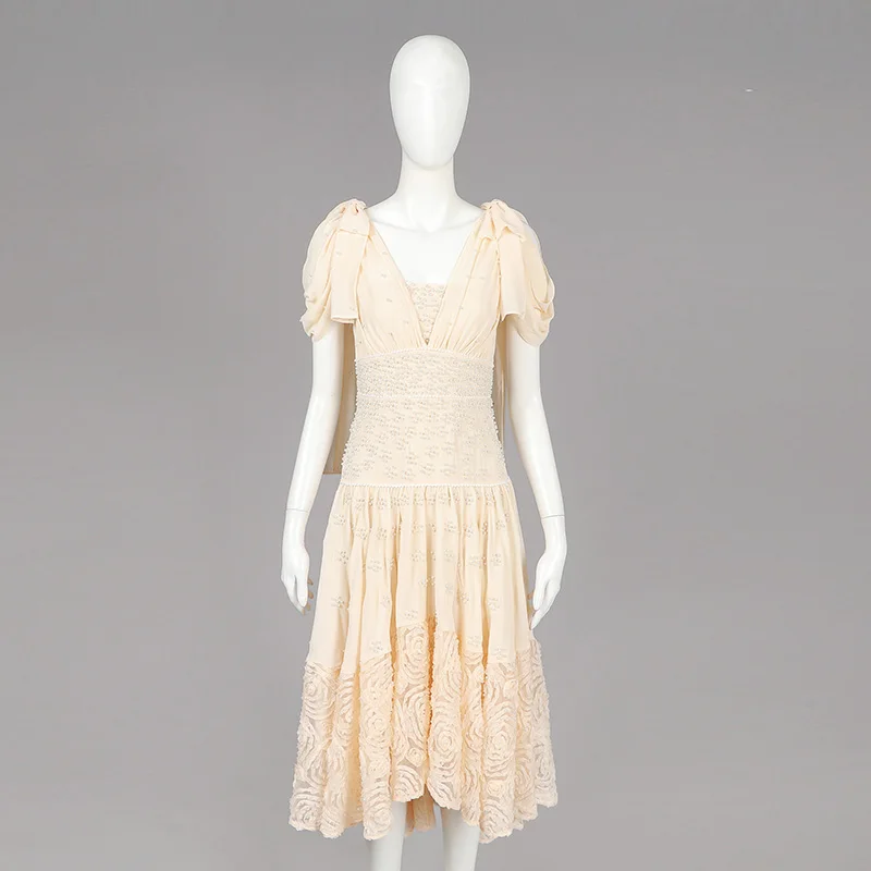 Elegant and Sweet Style Solid Beige Color Floral Lace Swing Summer Chiffon Beading Ornamental Woman Dress with Back Zip Closure