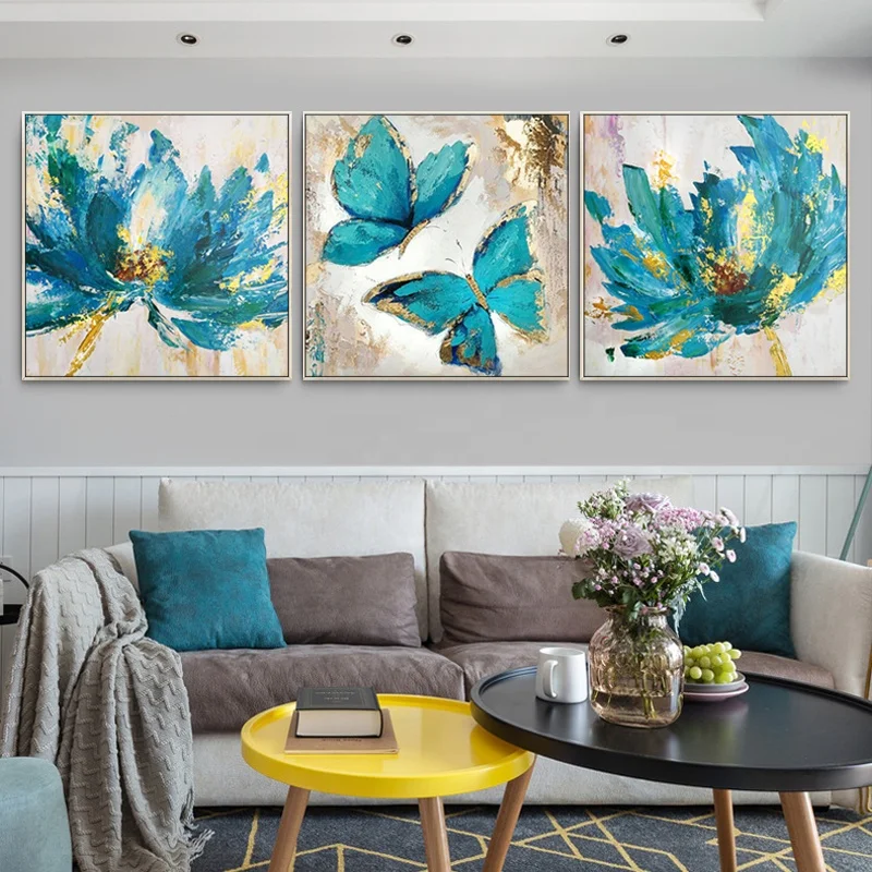 3 Panels Impression Wall Art Decor Blue Butterfly Flower hand painted canvas oil painting for decoration