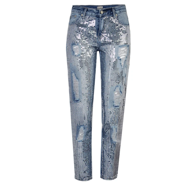 High Quality Washed Holes Jeans Embroidered Beads womens jeans