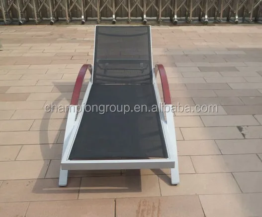 swimming pool sun lounger chair with mesh fabric and wooden arm