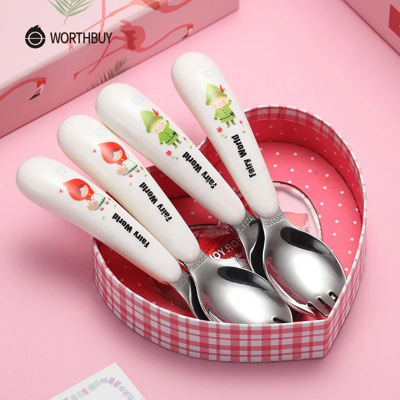 WORTHBUY Cute Cartoon Cutlery Set For Kids 304 Stainless Steel Tableware Plastic Handle Fork Spoon Dinnerware Kitchen Dinner Set