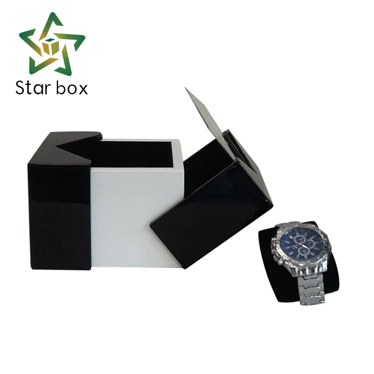 Transparent clamshell wooden watch box, black unique design luxury watch box