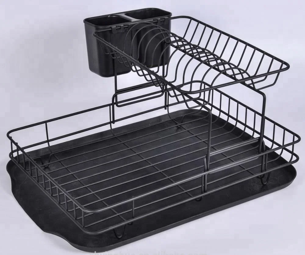 Kitchen Dish Drainer Drying Rack with Drip Tray and Full Mesh Silverware Storage Basket Black