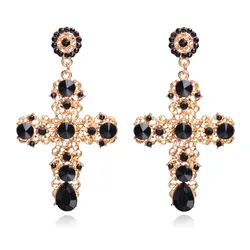 New Design Fashion KC Gold Cross With Black Red Crystal Heavy Party Jewelry Women Charm Earring