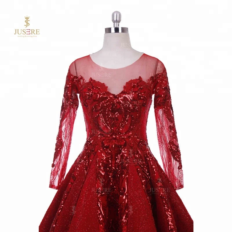 French Luxury Red Beaded Blingbling Long Sleeve muslin Evening Dress