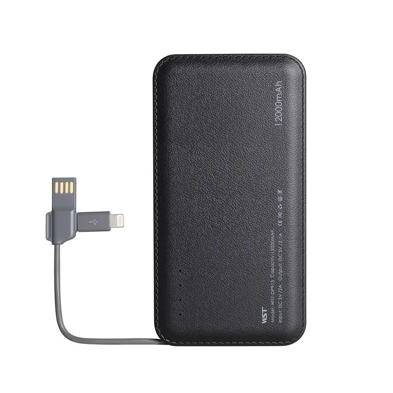 Индивидуальный Логотип Power Bank 12000 мАч портативное зарядное устройство Внешний аккумулятор со встроенным кабелем