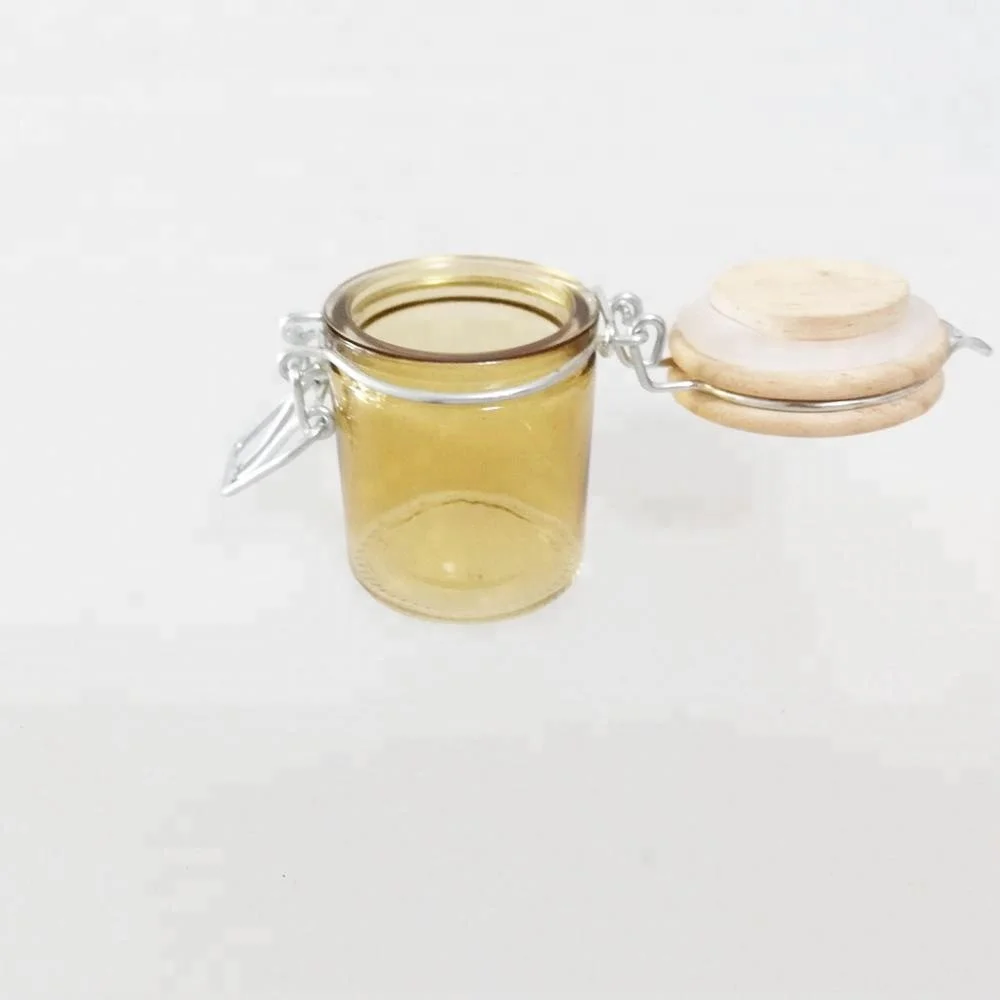 Mini 50ml Amber Color Glass Jar with Wooden Lid Printing Logo Glass Storage Jar with Swing Top