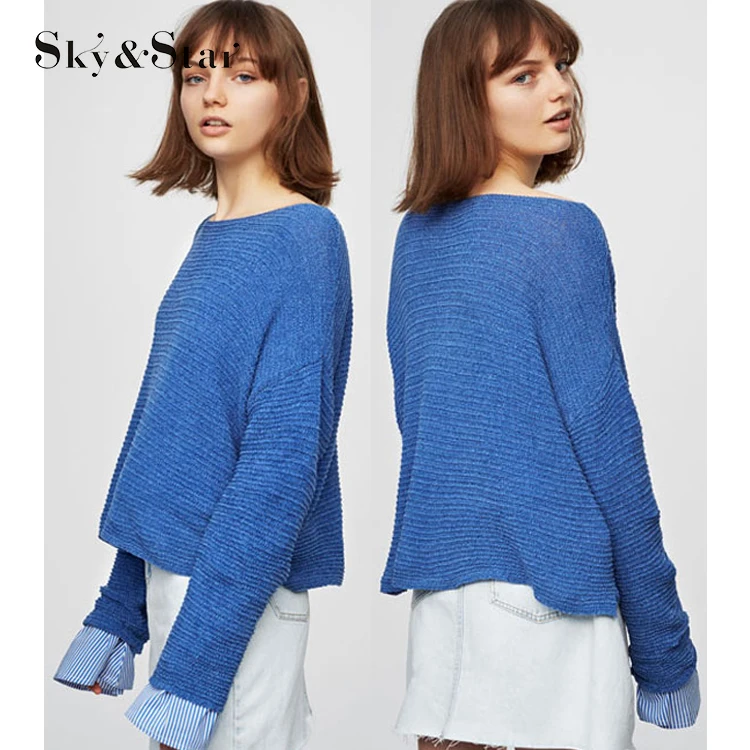2018 Boat neck plus size blue custom knitted cashmere sweater