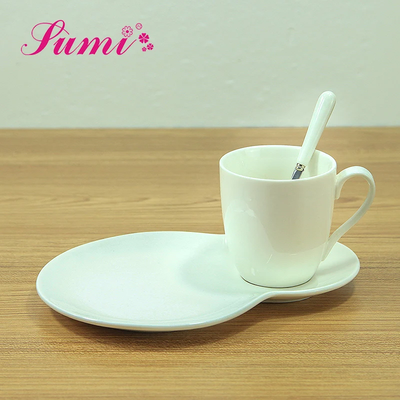 Oem greek eco reusable white ceramic coffee cup set with plate  with spoon