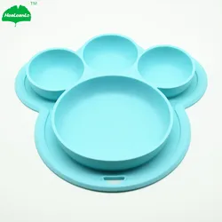 Silicone Suction Plate Bear Footprint Silicone Dinner Plates Eating Mat for Babies Feeding Plates with a Hang Hook