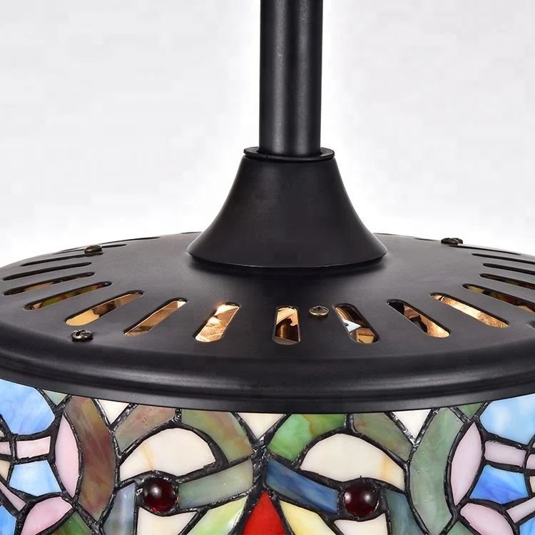 
Customized Tiffany Style matte black cheap price ceiling fan light led chandelier ceiling fan With 5Pcs Wood Blades 