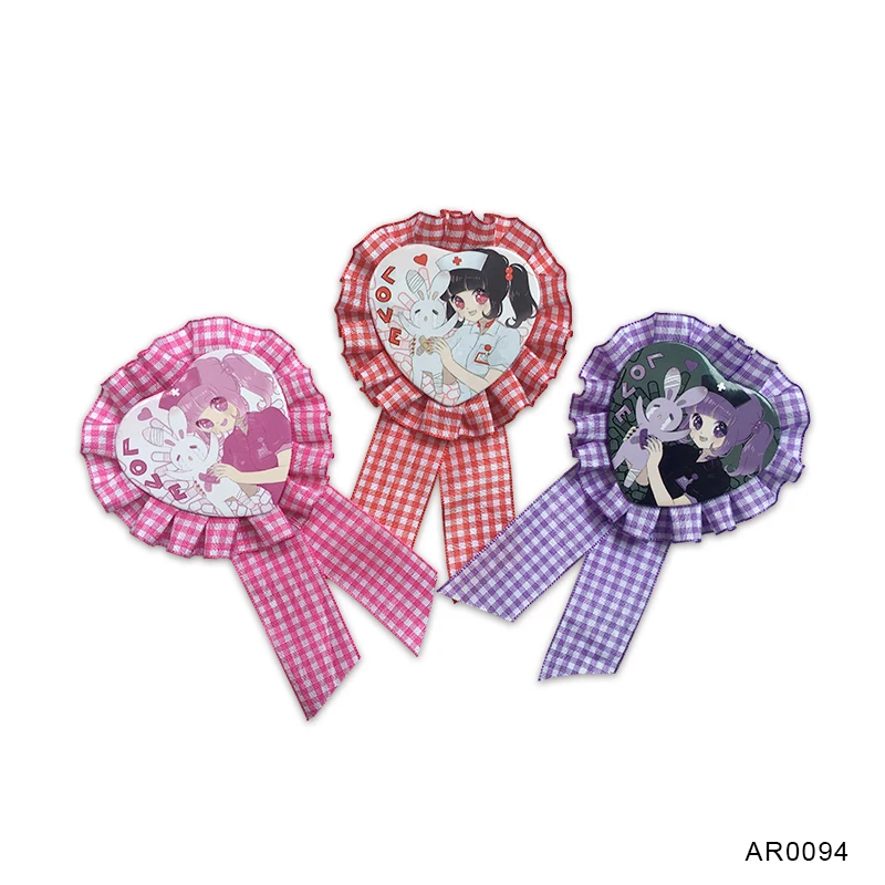 Factory Price lovely Anime printed Heart Button Badge Rosettes Ribbons Awards