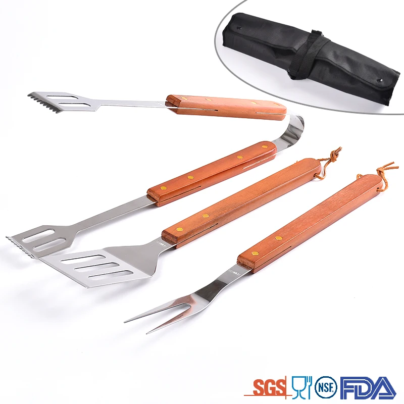 
Outdoor portable 4 pcs wooden handle barbecue tool set 
