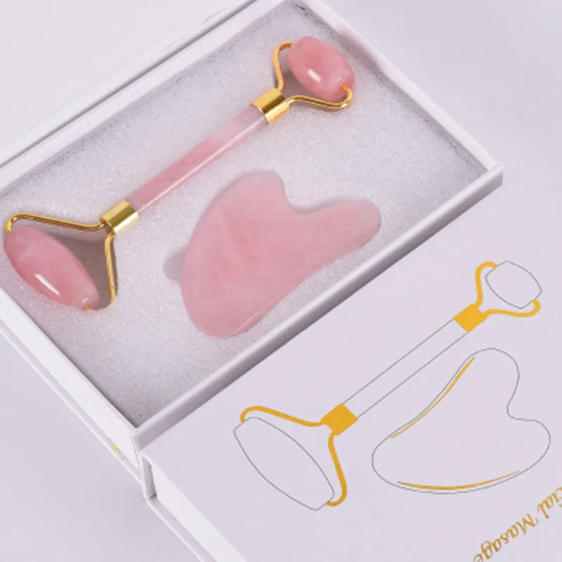 Rose Quartz Jade Roller Massage Facial Massager Machine Face Roller Facial Roller Face Slimming Massager With Guasa Tool