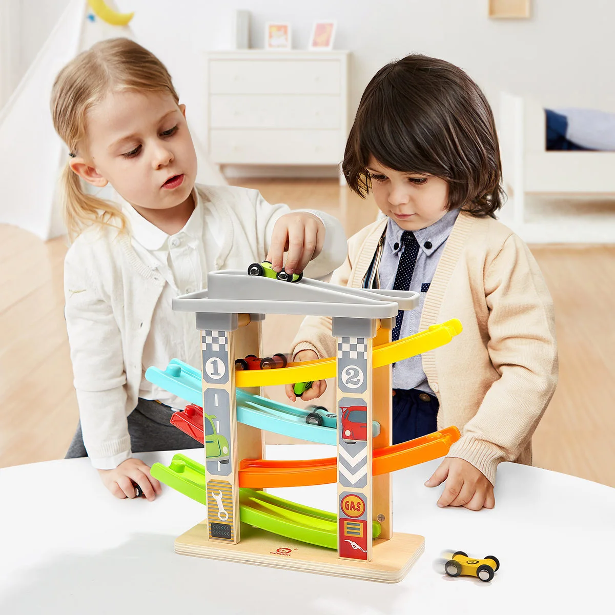 Topbright Toddler Toys For 1 2 Year Old Boy And Girl Gifts Wooden Race Track Car Ramp Racer With 4 Mini Cars