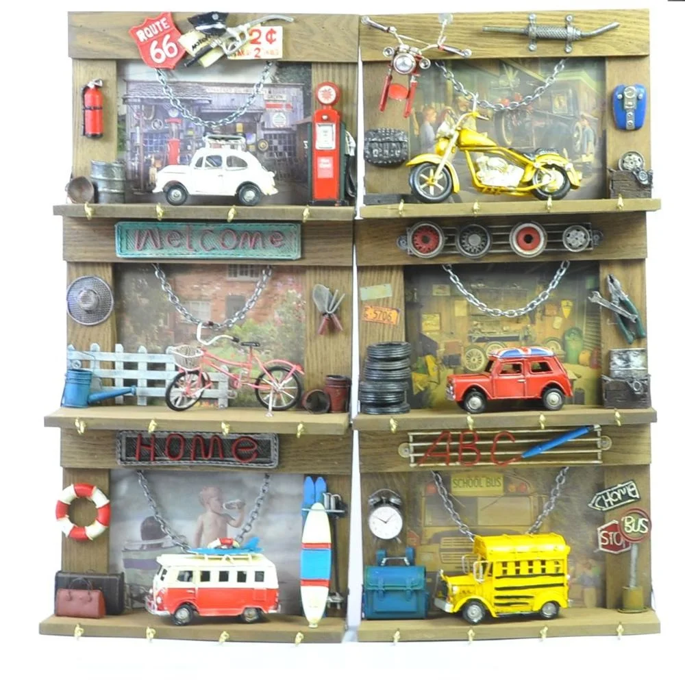 Handmade Wooden Vintage Photo Frame Antique Retro Wall Decor With Shop Front Red Car Model Metal Craft For Bar Cafe Restaurant