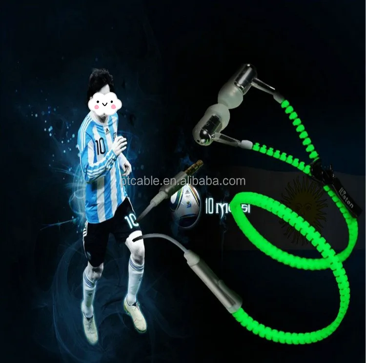 Hot Sale Glow In The Dark Earphones Glow Earbuds Metal Zipper Glowing Headset Luminous Light Stereo Handsfree With Mic