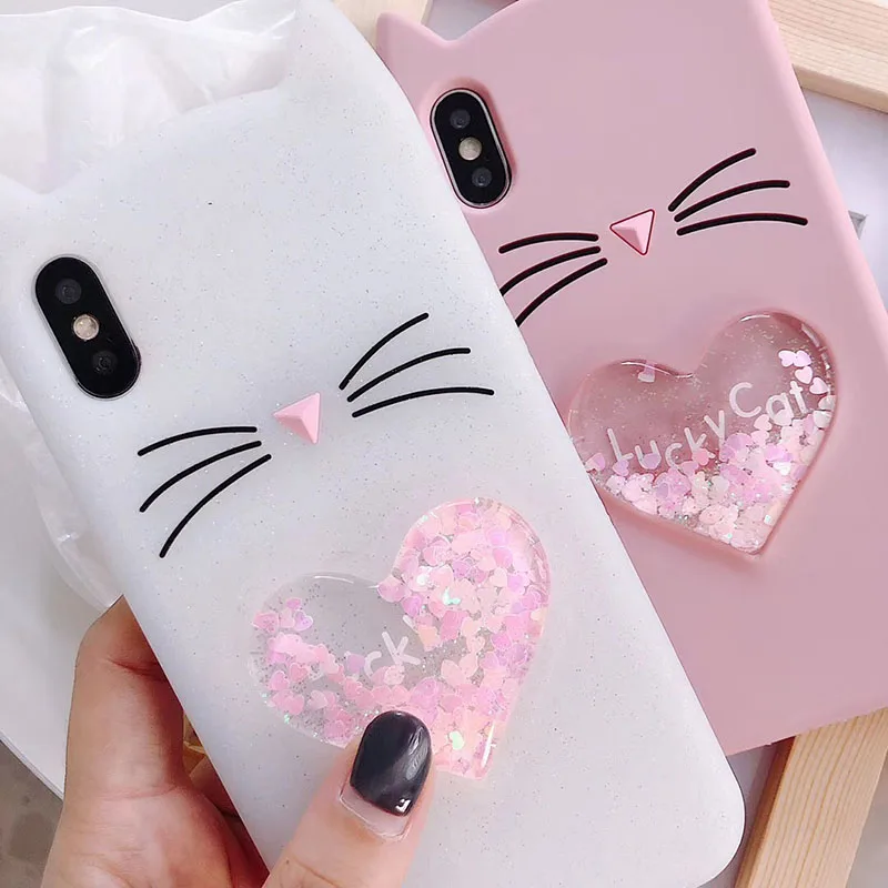 Love Heart Glitter Stars Luck Cat Case for Huawei P20 Pro P20 Lite P10 Plus P9 Lite 2017 P8 Lite P Smart Dynamic Liquid Cover