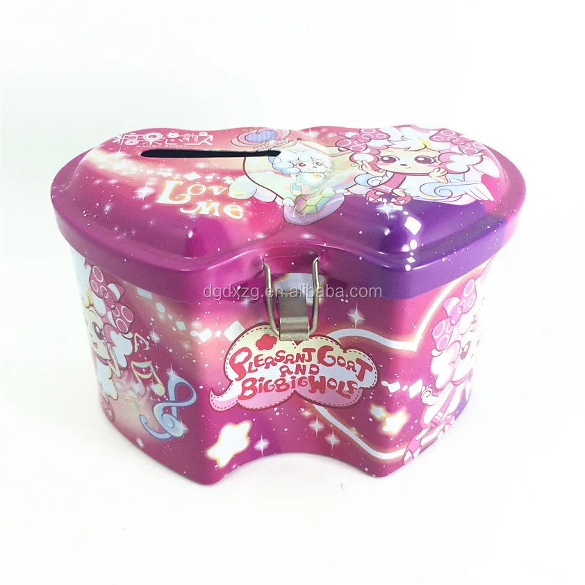 Double heart shaped coin bank, money box with lock