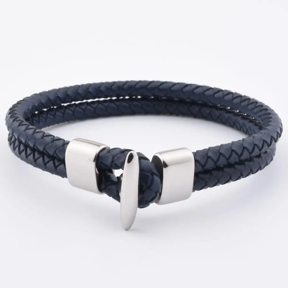Factory Hot Sale Large Mens Navy Leather Steel Hook Clasp Latest Bracelet For Teenager Men
